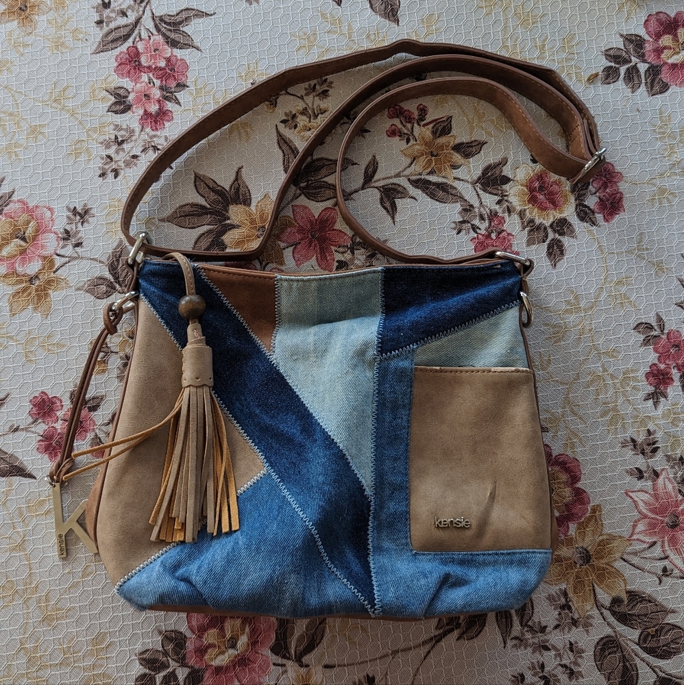 Kensie Vegan Faux Suede Leather Denim Patchwork Handbag Purse